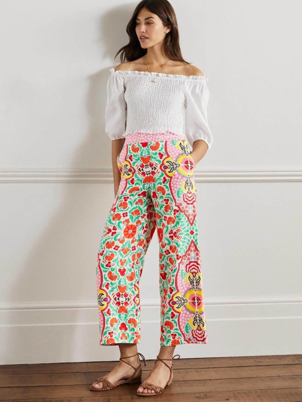 Boden 100% Linen Floral Cropped Wide Leg Pant Front Pockets Plus Size 16/18